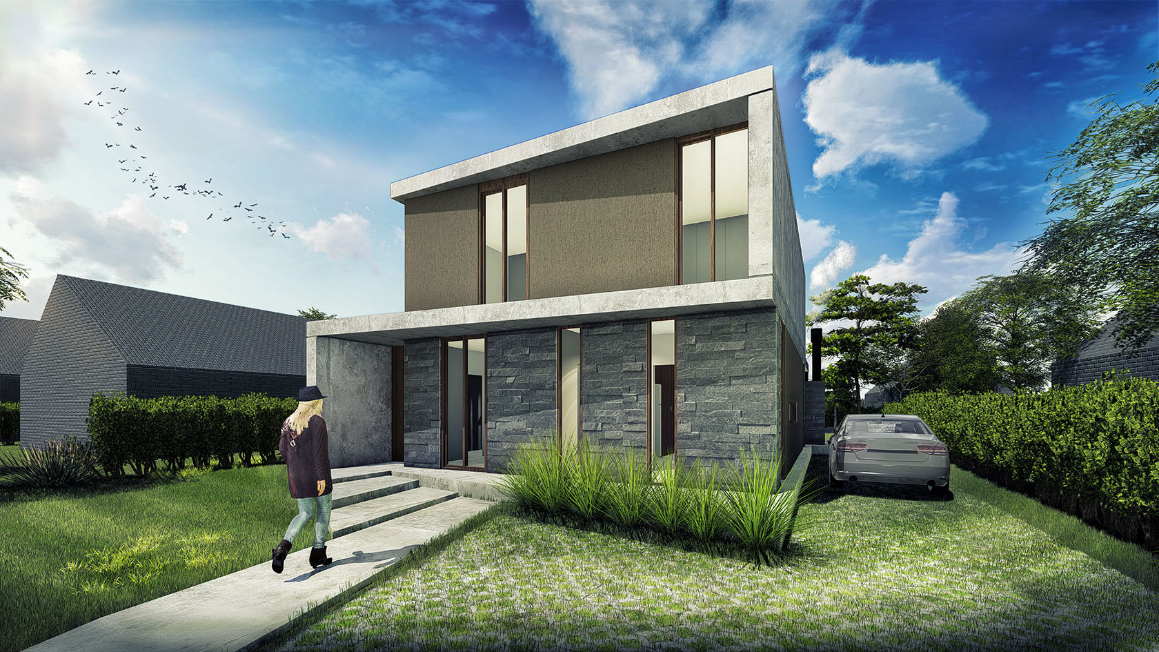 Vista Frente de casa moderna, diseño de fachadas modernas en casas, fachada con hormigón y piedra