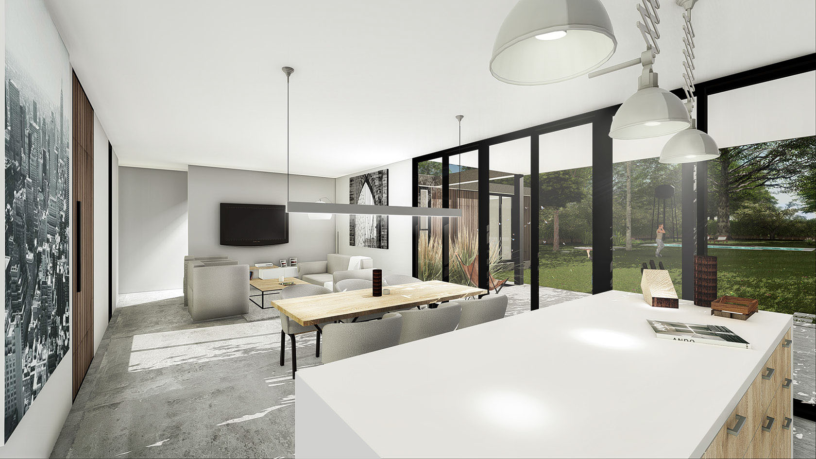 Diseño interior en casas, solados de cemento alisado a la vista, integración del paisaje en casas modernas